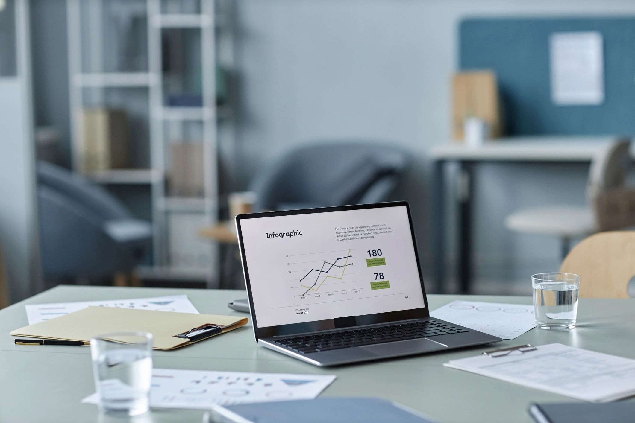 Laptop displaying business analytics in a healthcare office setting